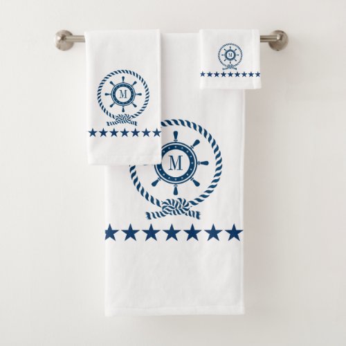 Navy_Blue White Nautical Boat Wheel Knot Monogram Bath Towel Set