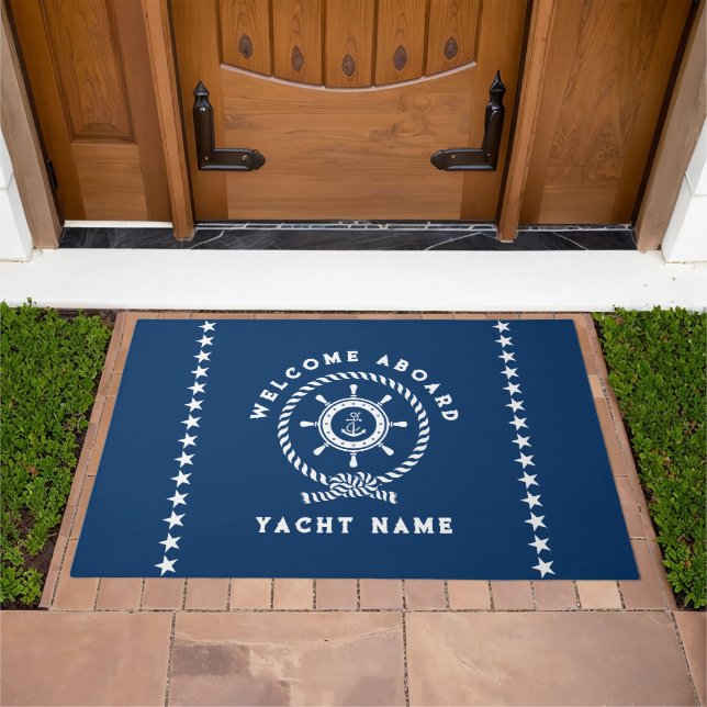 Navy Blue White Nautical Boat Wheel Knot Stars Doormat (Outdoor)
