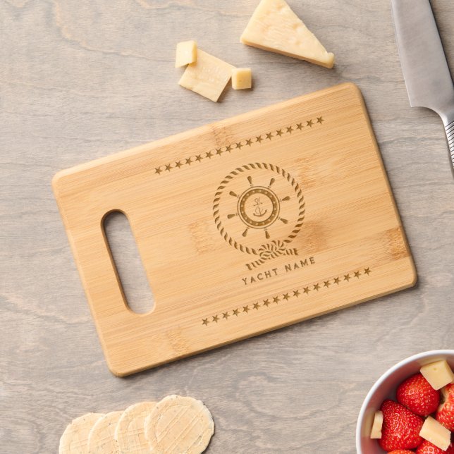 Navy Blue White Nautical Boat Wheel Knot Stars Engraved Cutting Board (Cheese)