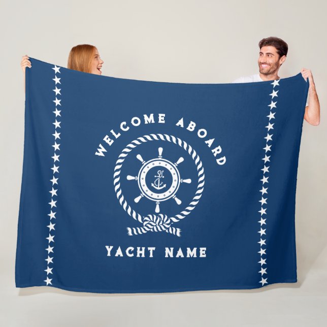 Navy Blue White Nautical Boat Wheel Knot Stars Fleece Blanket (In Situ)
