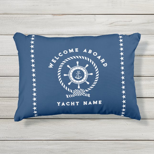 Navy Blue White Nautical Boat Wheel Knot Stars Outdoor Pillow (Front)