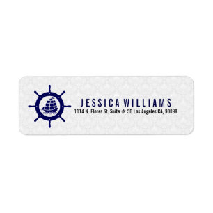 Navy Blue & White Nautical Boat Wheel Label