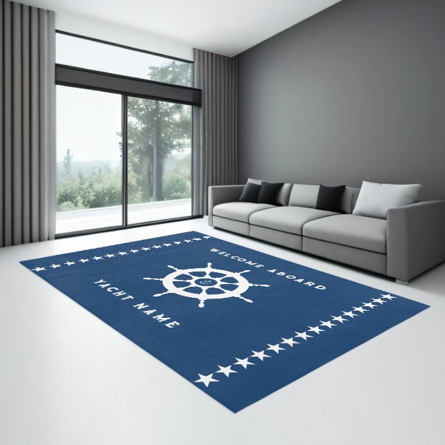 Navy Blue White Nautical Boat Wheel Stars Stripe Rug (Insitu (Indoor 3))