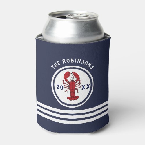 Navy Blue White Nautical Family Name Can Cooler