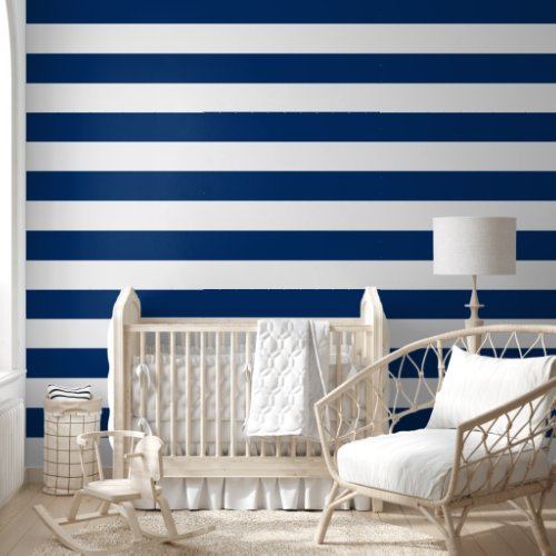 Navy Blue White Nautical Horizontal Stripes Lines Wallpaper
