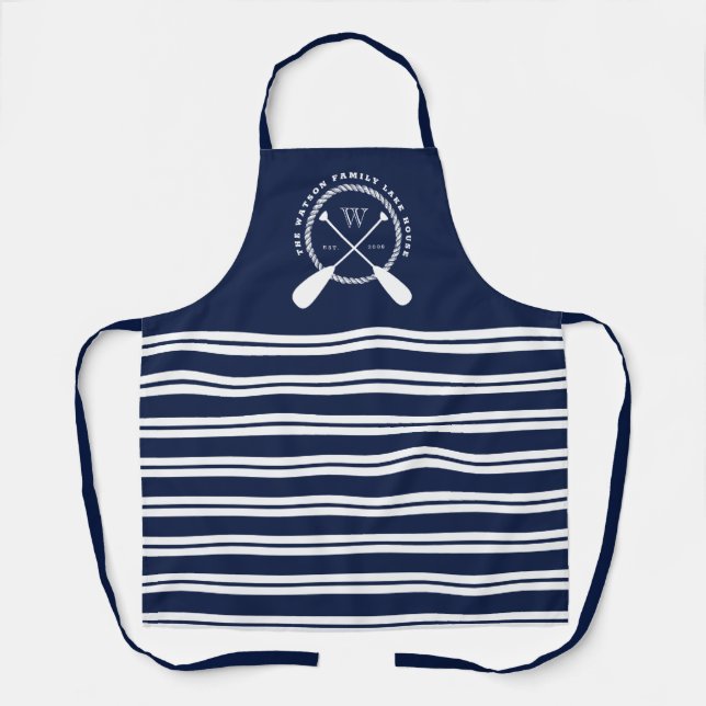 Navy Blue White Nautical Lake House Monogram Apron (Front)