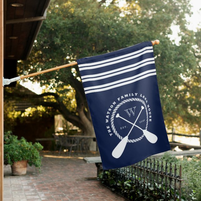 Navy Blue White Nautical Lake House Monogram House House Flag (In SItu)