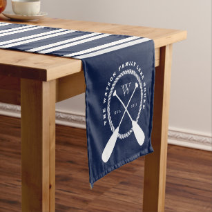 Navy Blue White Nautical Lake House Monogram Short Table Runner