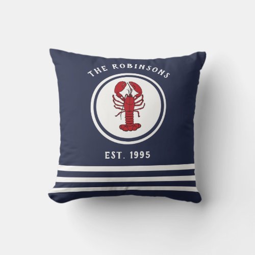 Navy Blue White Nautical Lobster Family Name Throw Pillow