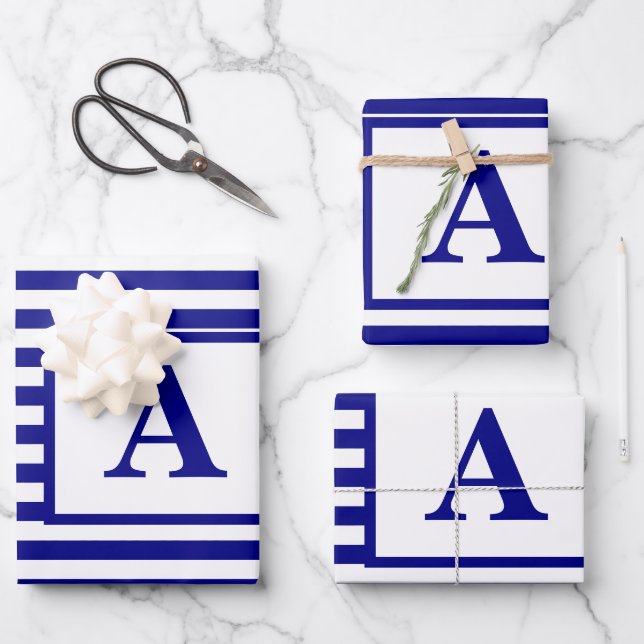 Navy Blue White Nautical Monogram Custom Christmas Wrapping Paper Sheets (Front)