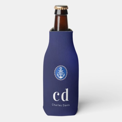 Navy blue white nautical monogram initials name  bottle cooler