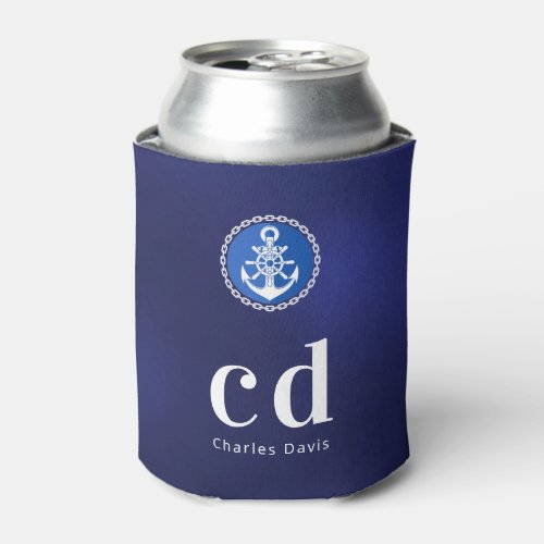 Navy blue white nautical monogram initials name can cooler