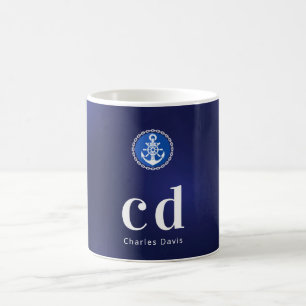 Navy blue white nautical monogram initials name  coffee mug