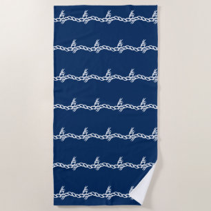 Navy Blue white nautical rope waves pattern Beach Towel