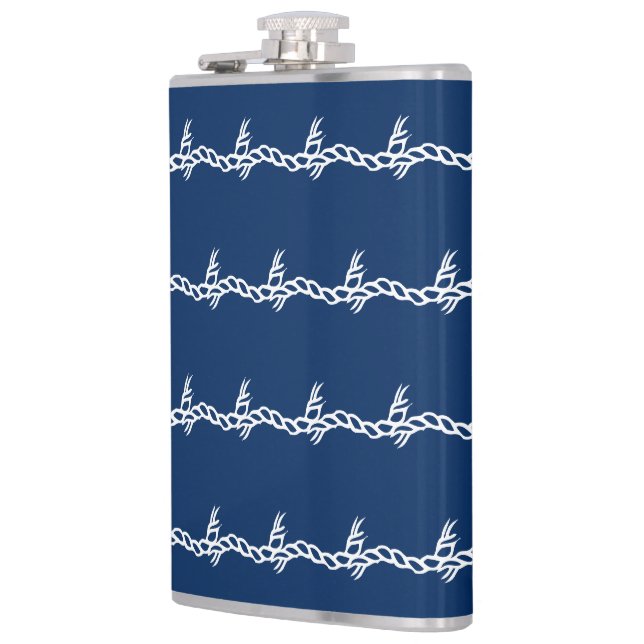 Navy Blue white nautical rope waves pattern Flask (Left)