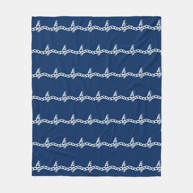 Navy Blue white nautical rope waves pattern Fleece Blanket (Front)