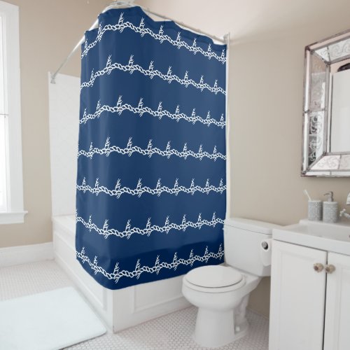Navy Blue white nautical rope waves pattern Shower Curtain
