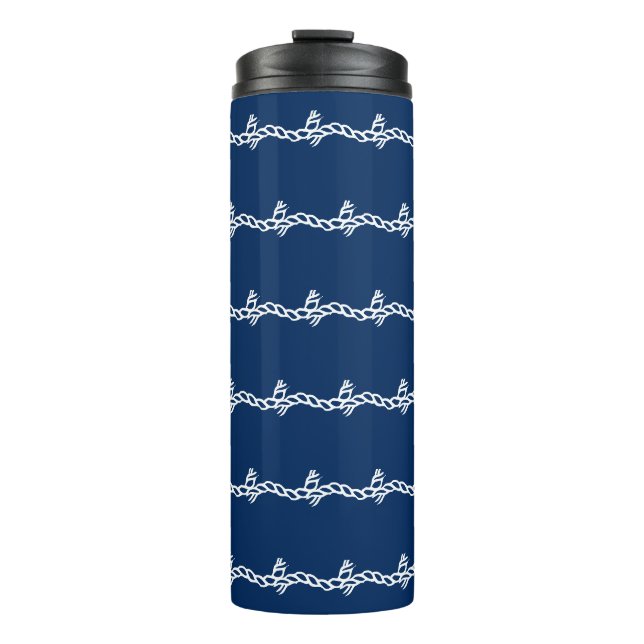 Navy Blue white nautical rope waves pattern Thermal Tumbler (Front)