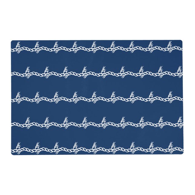 Navy Blue white nautical rope waves reversible Placemat (Front)