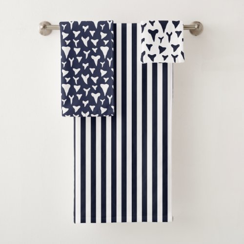 Navy Blue White Nautical Shark Teeth Pattern Bath Towel Set