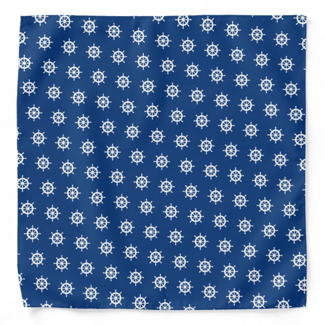 Navy blue & white nautical ship wheel pattern big bandana (Front)