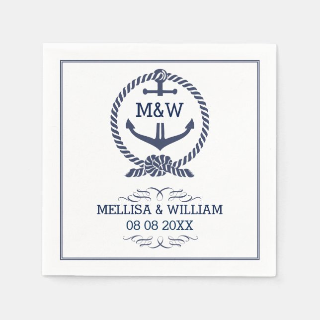 Navy Blue & White Nautical Wedding Anchor Knot Paper Napkins (Front)