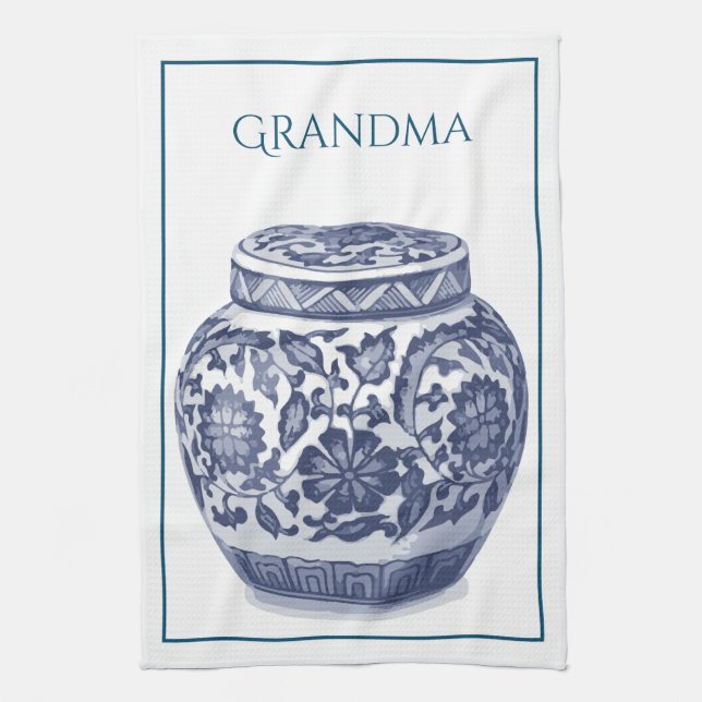 Navy Blue White New England Hamptons Ginger Jar Kitchen Towel (Vertical)