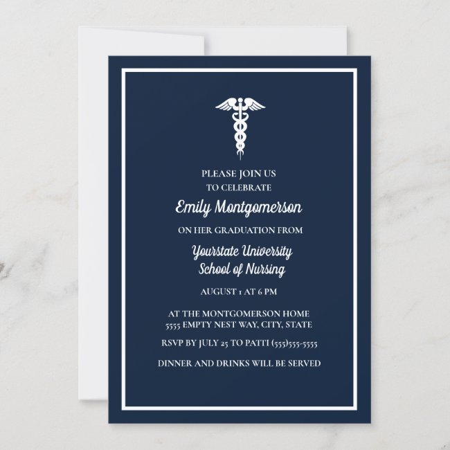 Navy Blue White Nursing School Graduation Party Invitation