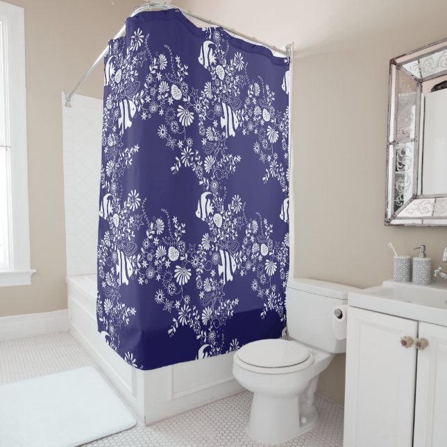 Navy Blue White Ocean Life Pattern Shower Curtain (In Situ)