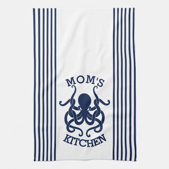 Navy Blue & White Octopus And Stripes Combination Kitchen Towel (Vertical)