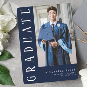 Navy Blue White One Photo Graduation Invitation