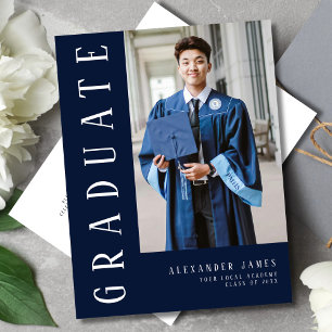 Navy Blue White One Photo Graduation Invitation Postcard