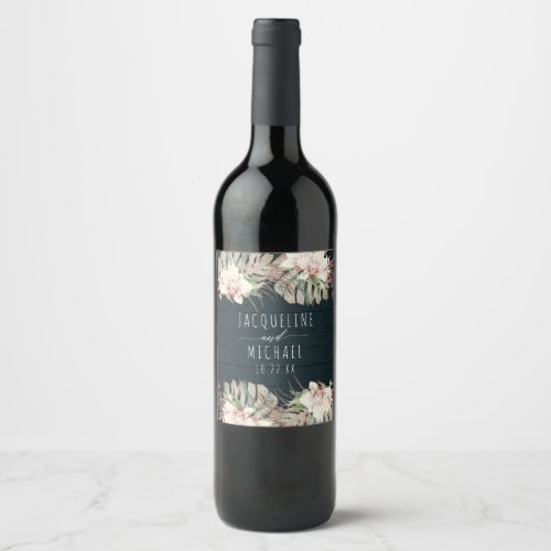 Navy Blue White Orchid Floral Beach Desert Wedding Wine Label