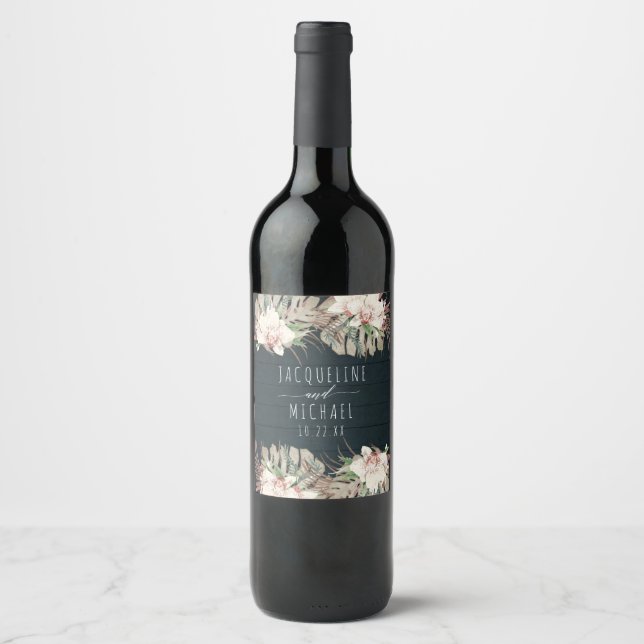 Navy Blue White Orchid Floral Beach Desert Wedding Wine Label (Front)