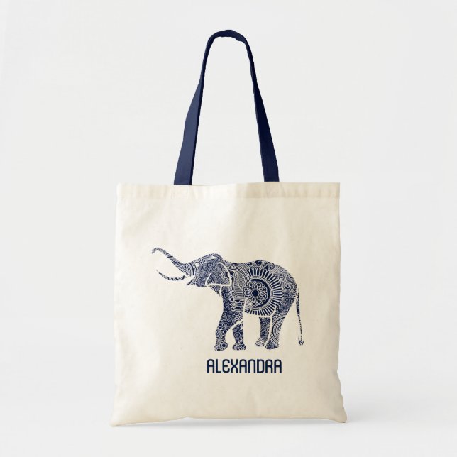 Navy Blue & White Ornate Swirls Elephant Monogram Tote Bag (Front)