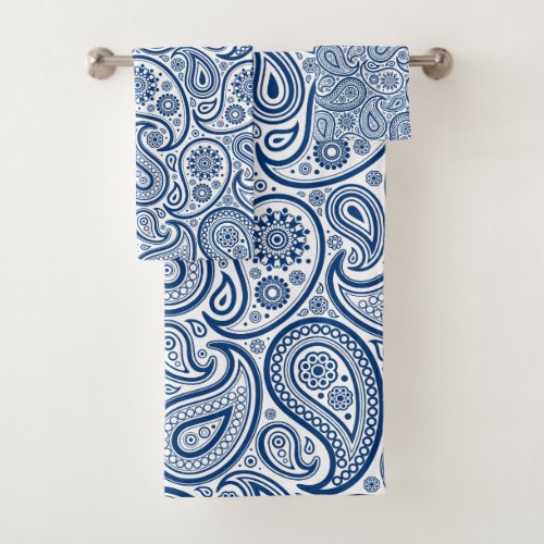 Navy Blue  White Paisley pattern Bath Towel Set