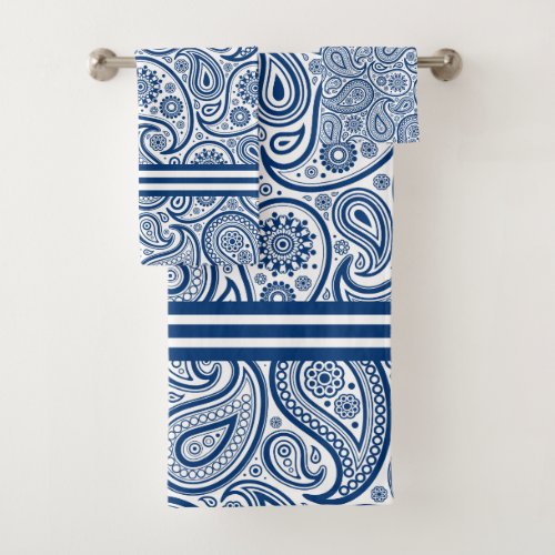 Navy Blue  White Paisley Pattern Stripes Accent Bath Towel Set