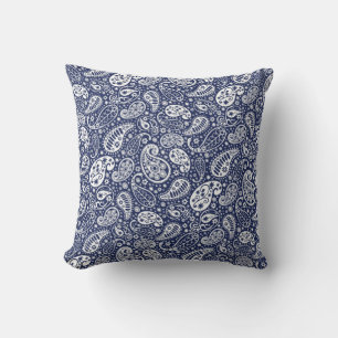 "Navy Blue White Paisley Throw Pillow" Throw Pillow