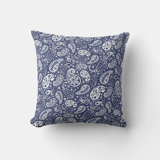 "Navy Blue White Paisley Throw Pillow" Throw Pillow (Front)