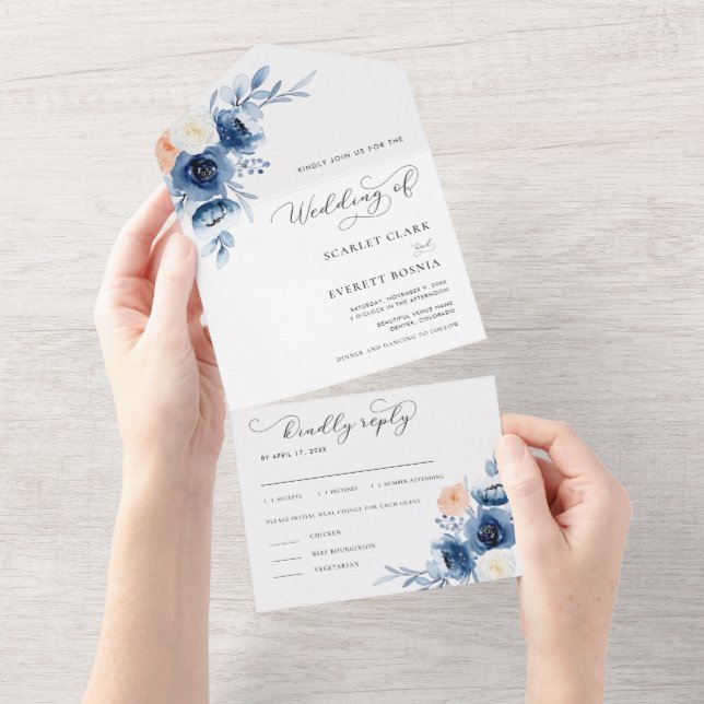 Navy Blue White Peach Floral Calligraphy Wedding   All In One Invitation (Tearaway)