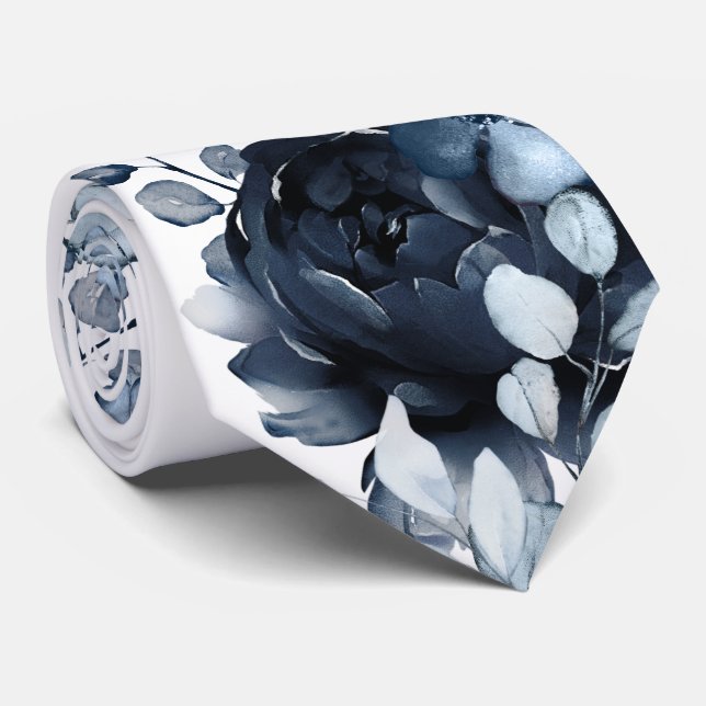 Navy Blue White Peony Eucalyptus Garden Wedding Neck Tie (Rolled)