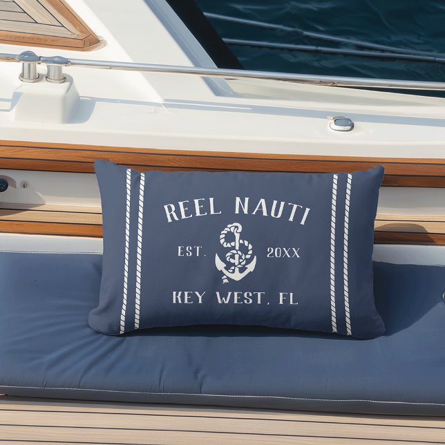 Navy Blue & White Personalized Boat Name Anchor Lumbar Pillow (Creator Uploaded)