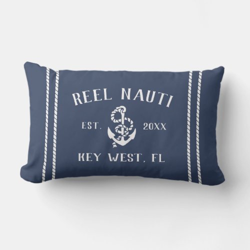 Navy Blue  White Personalized Boat Name Anchor Lumbar Pillow