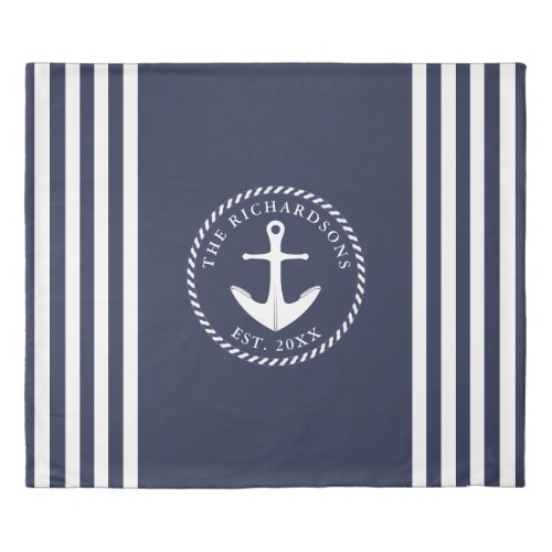 Navy Blue White Personalized Nautical Anchor Duvet Cover