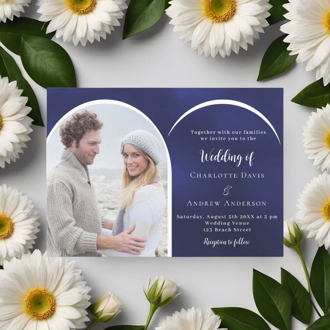 Navy blue white photo arch wedding invitation (Creator Uploaded)