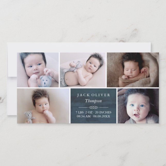 Navy Blue & White Photo Collage Baby Announcement (Front)