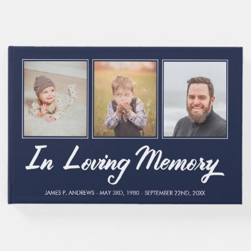Navy Blue White Photo Collage In Loving Memory Guest Book