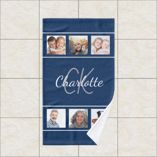 Navy blue white photo collage monogram script hand towel