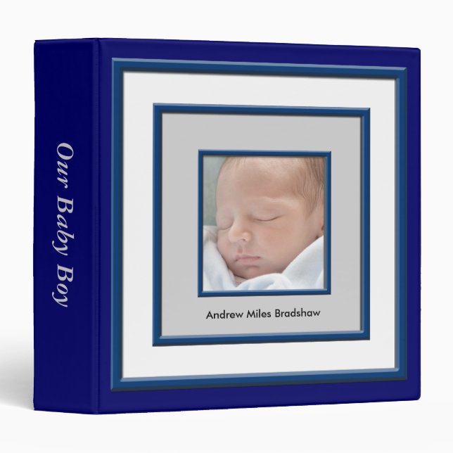 Navy Blue & White Photo Frame Baby Boy Album 3 Ring Binder (Front/Spine)