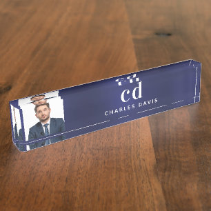 Navy blue white photo monogram initials desk name plate